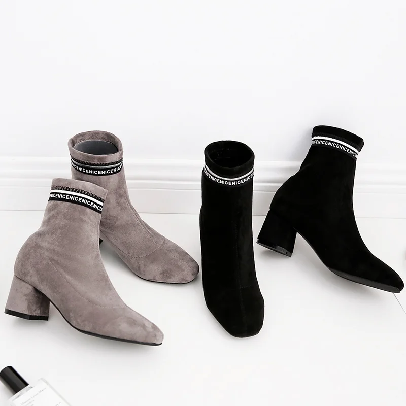 

Casidueho Suede Women Short Boots Thick High Heels Shoes Woman Real Leather Winter Motorcycle Booties Slim New Ladies Pumps 2018