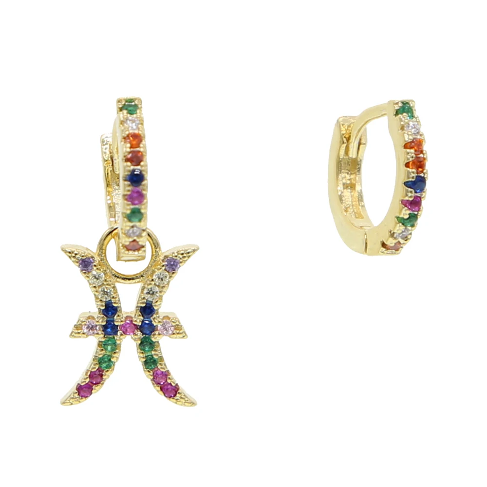 

Dropshipping 12 Constellations Zodiac Sign hoop earrings for Girls Gold Rainbow color cz earring Anel anillos Jewelry