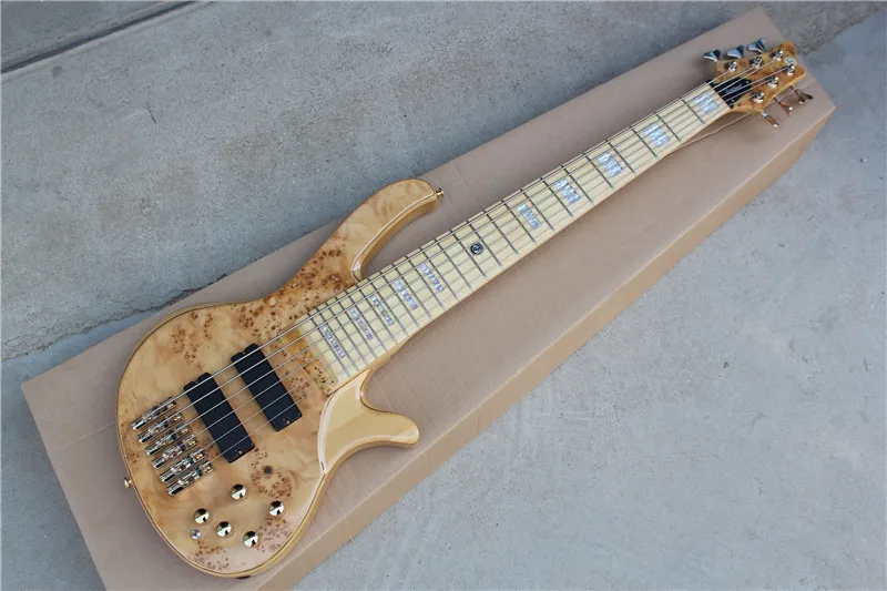

6 Strings Electric bass Guitar,Natural Color Burl wood top,Active pickups,Solid Ash wood body electric Bass,Free shipping
