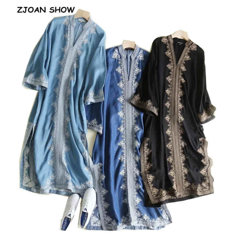 

2019 Casual V neck White Geometric Floral Embroidery Denim Dress Women Ethnic Slit Hem Mid-calf Long Jeans Dresses Vestidos Robe