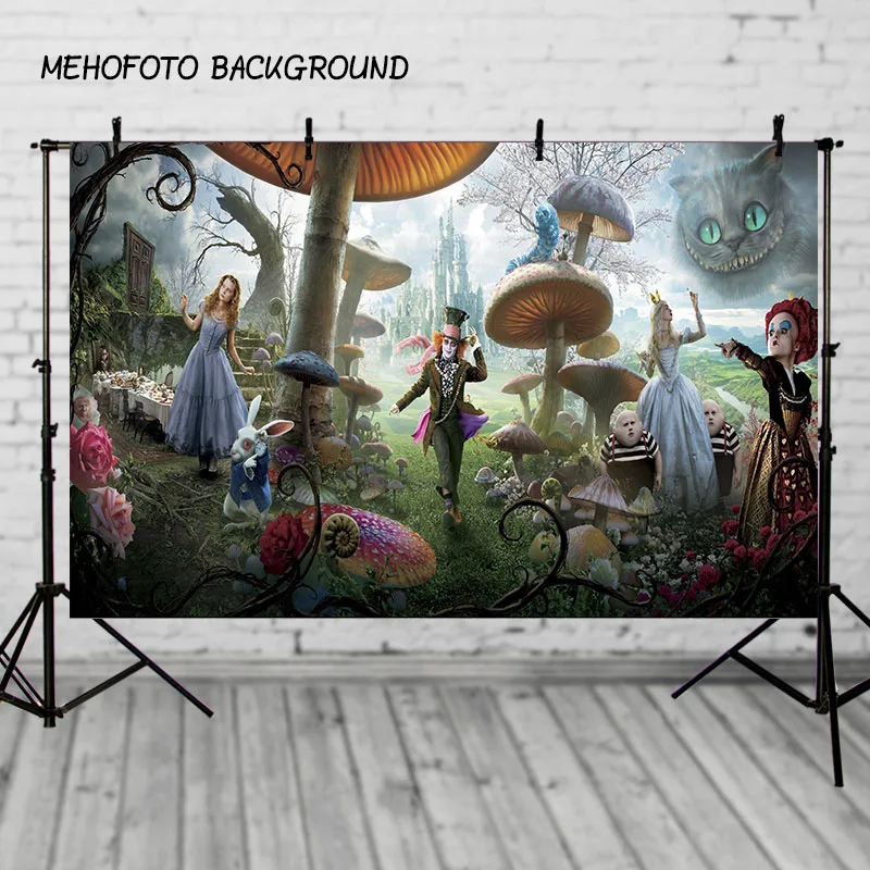 

Photography Backdrop Alice in wonderland castle carpet mushrooms Birthday Party Children background photography studio Custom