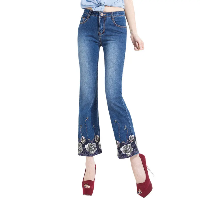 New Women Embroidered Jeans Mid Waist Elastic Slim Blue Beading Flares ...