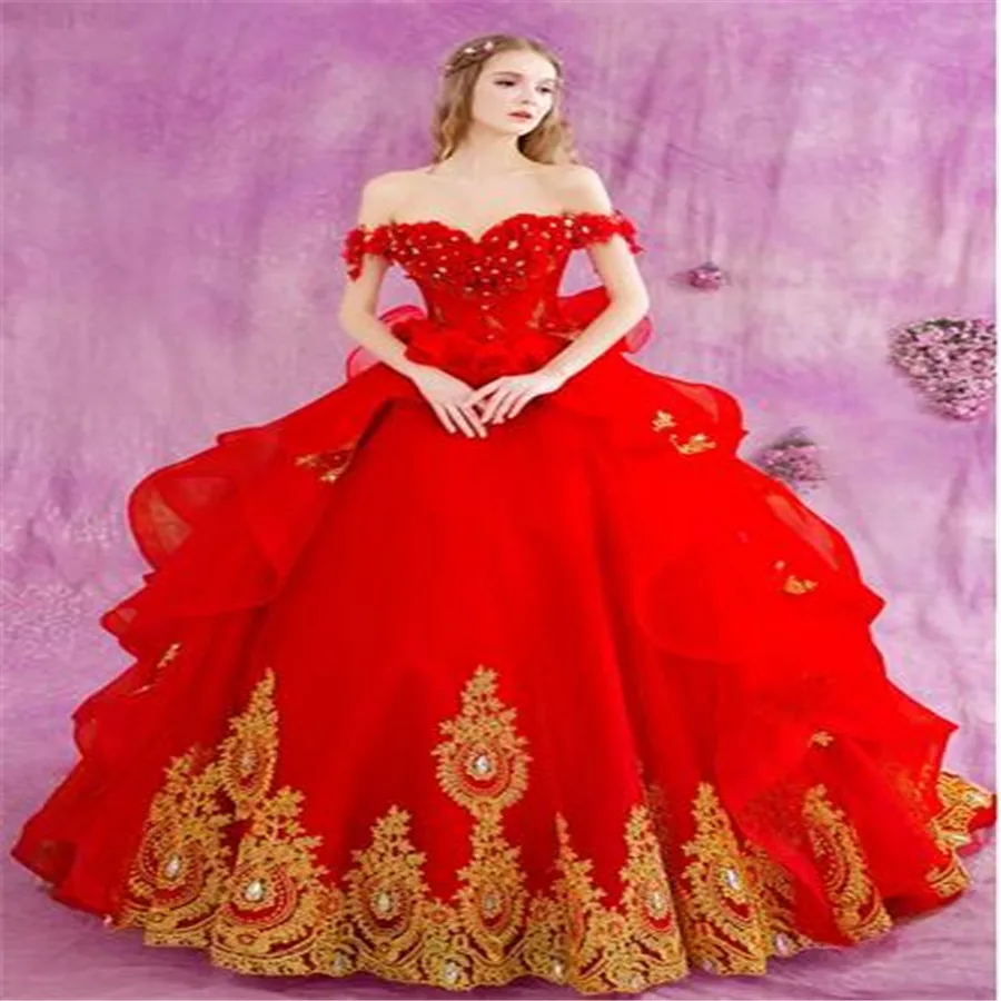 Удивительные Элегантный Бал Свадебное Платье Свадебное Платье V-образным Вырезом Аппликации Кружева Красный Женщины Свадебные Платья + FREE