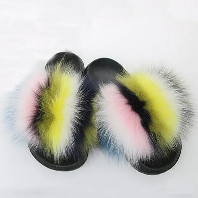 

Women's Winter Warm Plush Slippers Flat Open Toe Fur Sandals Women Slides Female Outside Fluffy Fox Fur Flip Flops Home Shoes 45