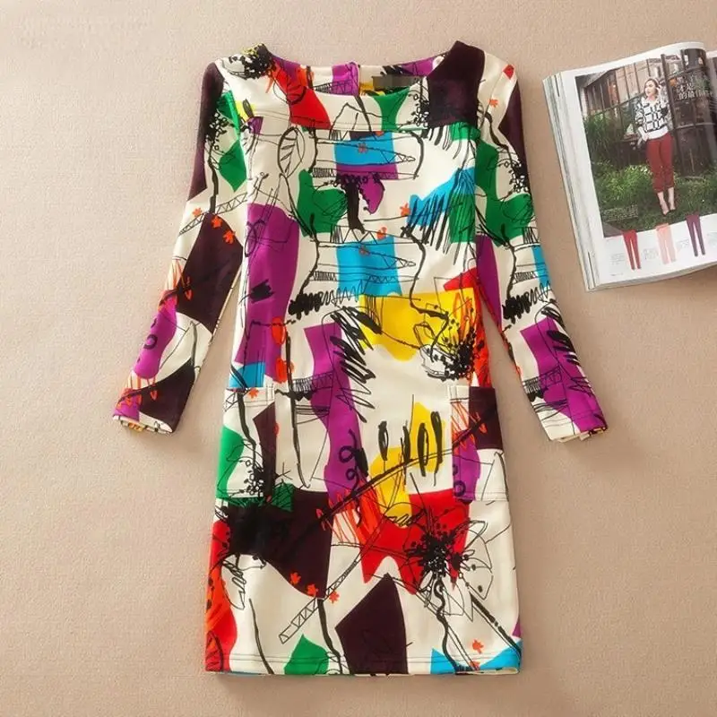New Women's Summer & Autumn O-neck A-line skirt classic long-sleeved printed dress