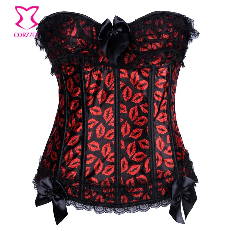 Black Satin/Red Lips Pattern Push Up Overbust Sexy Korse Bustier