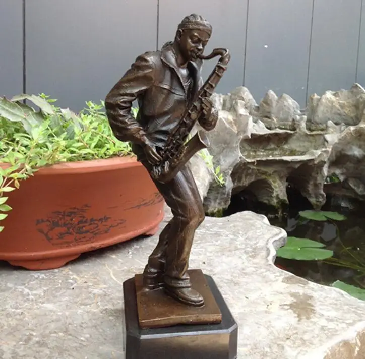 Western Art Deco Sculpture Saxophone Men musician Copper Marble Statue