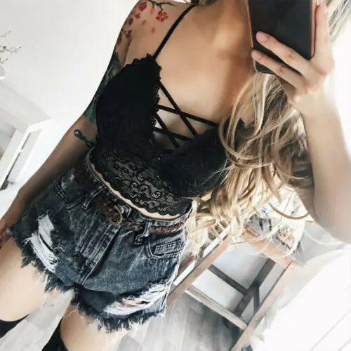 

Plus Size Women Solid Hollow Out Harness Bandage Lace Strap Bralette Halter Bustier Vest Crop Tank Tops Bra
