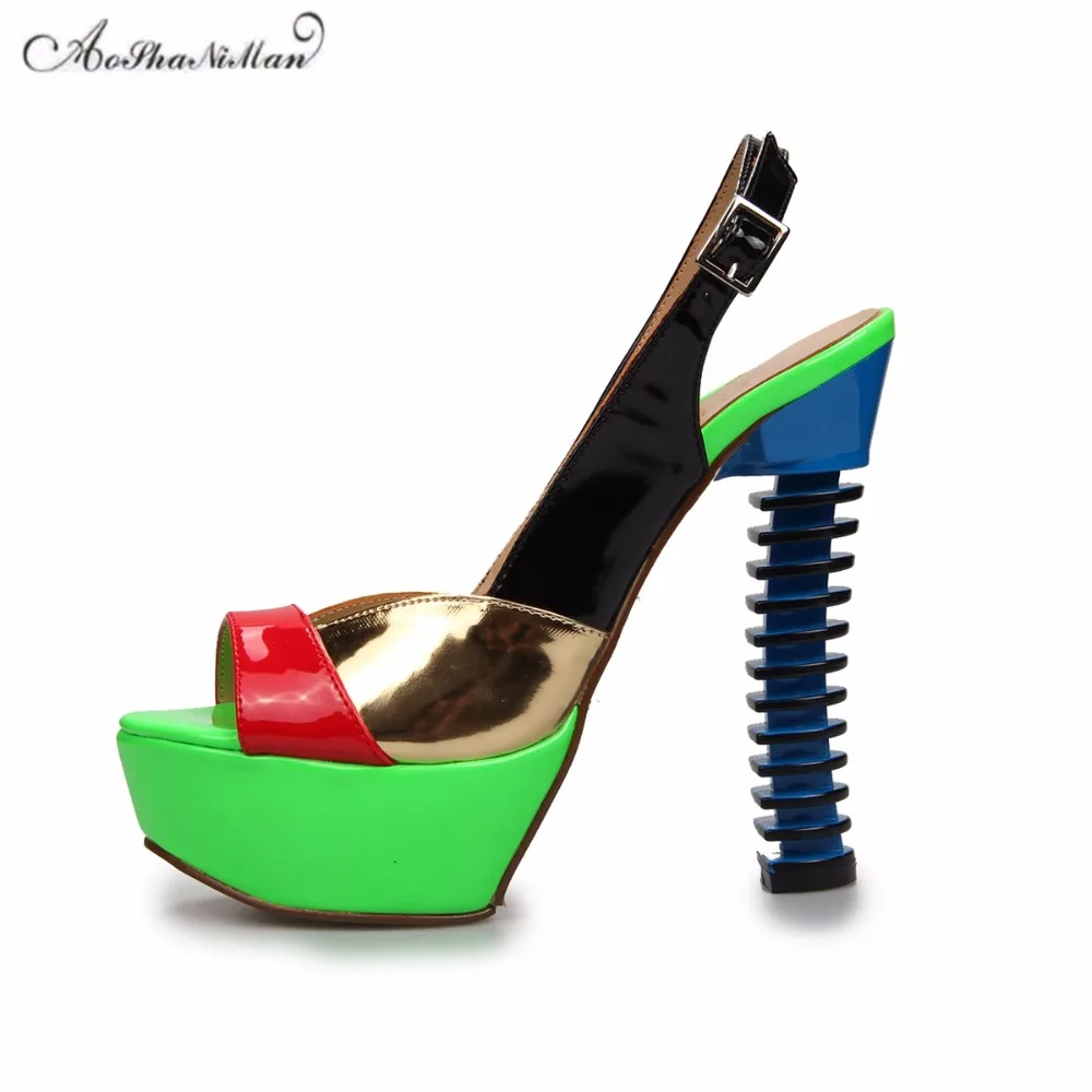 

Newest summer brand design women platform sandals Fashion Mixed colors patient leather summer shoe Sexy Pop toe high heels 35-41