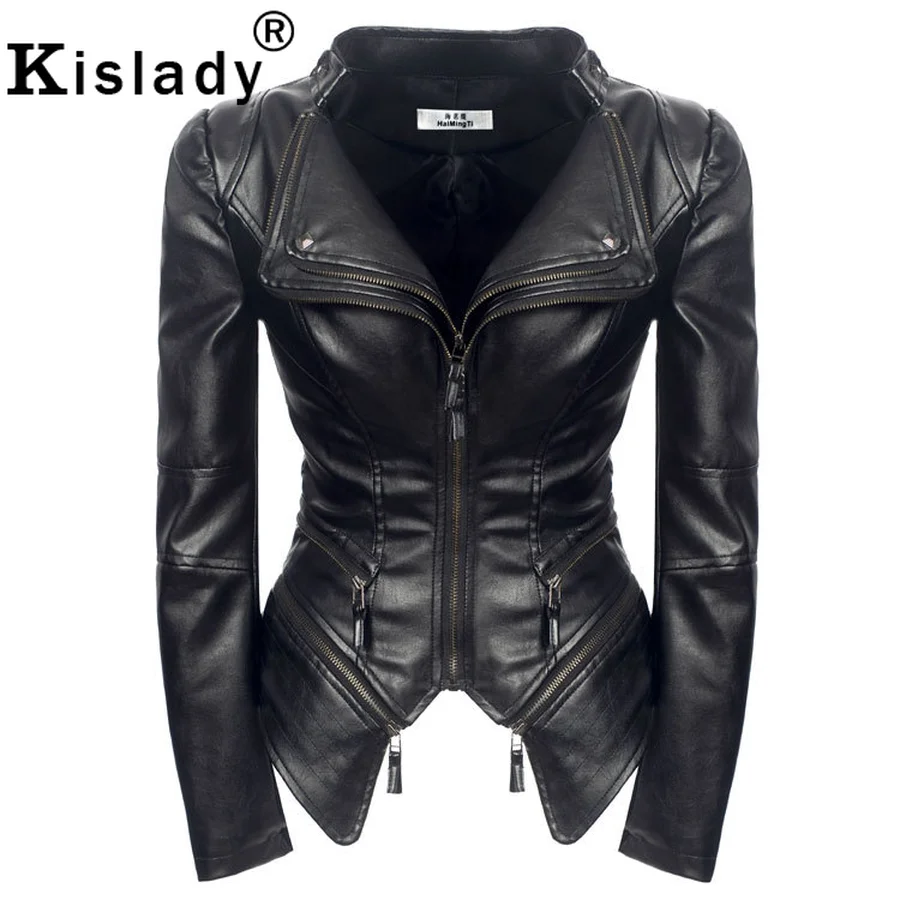 

2019 New Women's Cool Black PU Leather Jacket Autumn Winter Outwear Faux Leather Trentch Coat Punk Moto Biker Jacket XXXL