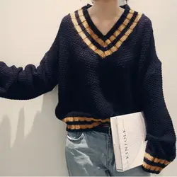 Осень 2019, корейский модный свитер с цветными вставками, v-образный вырез, полосатая водолазка, женский свитер, рубашка с длинными рукавами