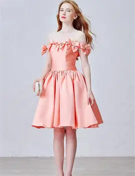 

2017 Sweet Coral Bows Prom Dresses Boat Neck Satin Knee-Length Party Dress Homecoming Dress Vestidos De Festa Evening Dress