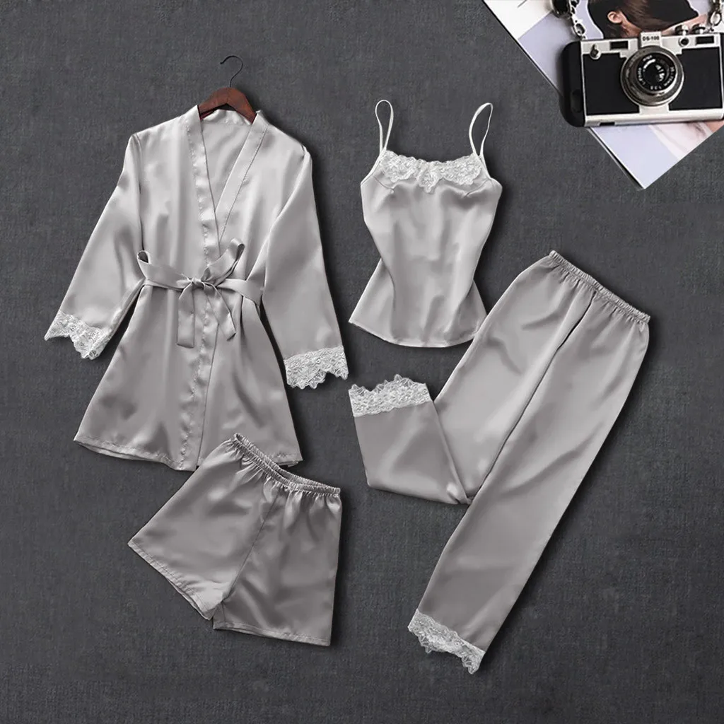 

4 Pcs Women Pajamas Sexy Long Full Sleeve Girl Sleepwear Pyjamas Robe Sets Summer Silk Plus Size Casual Home Night Wear Sleep