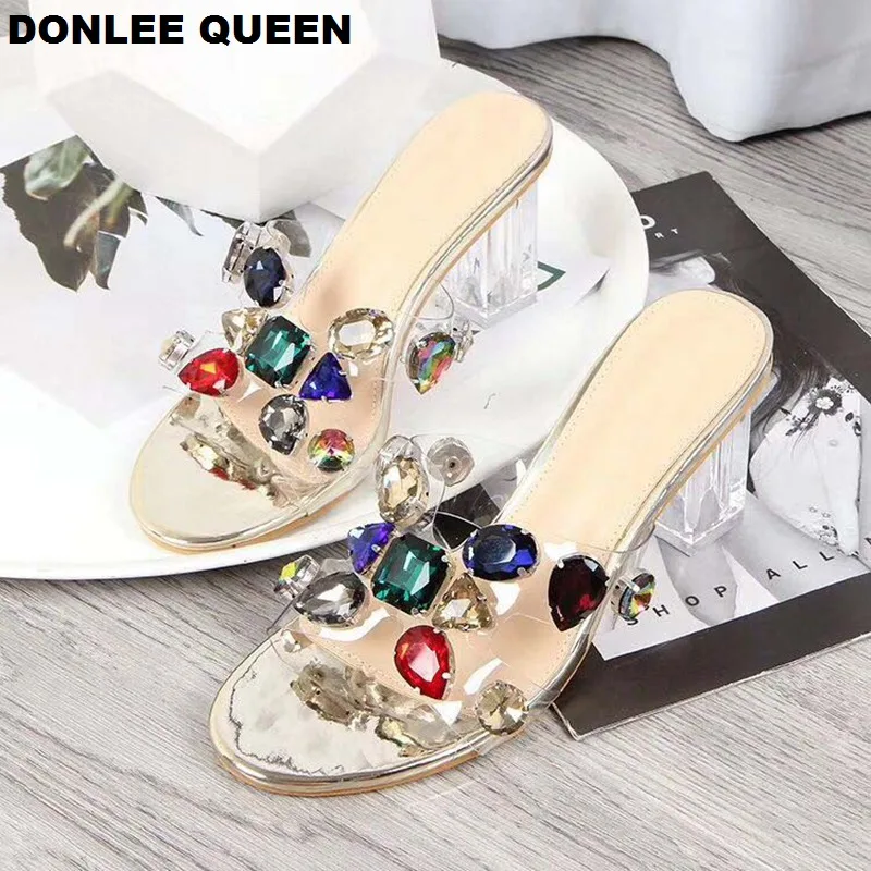 

DONLEE QUEEN Women High Heel Slippers 2019 Summer Rhinestone Sandals Brand Crystal Heel Slides Bling Party Shoes sandalias mujer