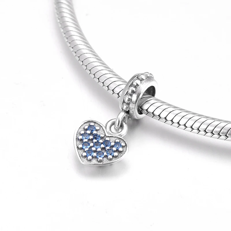 Fashion 925 Sterling Silver Shining Heart Reticular blue CZ fine Pendant Bead Fit Original Pandora Charm Bracelet Jewelry making