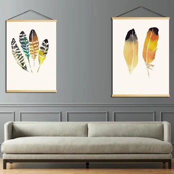 

Nordic Canvas Picture Home Decoration Feather Print Wooden Scroll Hanging Painting Wall Art Poster Simple Style For Living Room