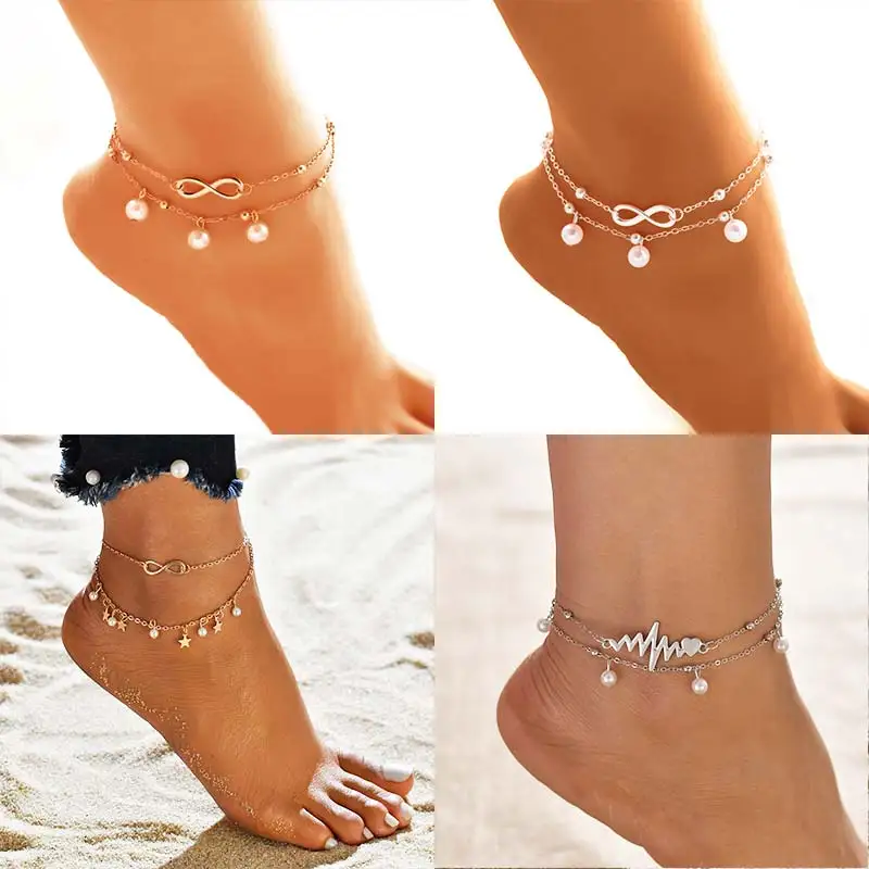 

New Silver Gold Women Anklet Summer Beach Jewelry Heart Pearl Multilayer Chain Adjustable Anklets 8 Shaped Fashion Gifts