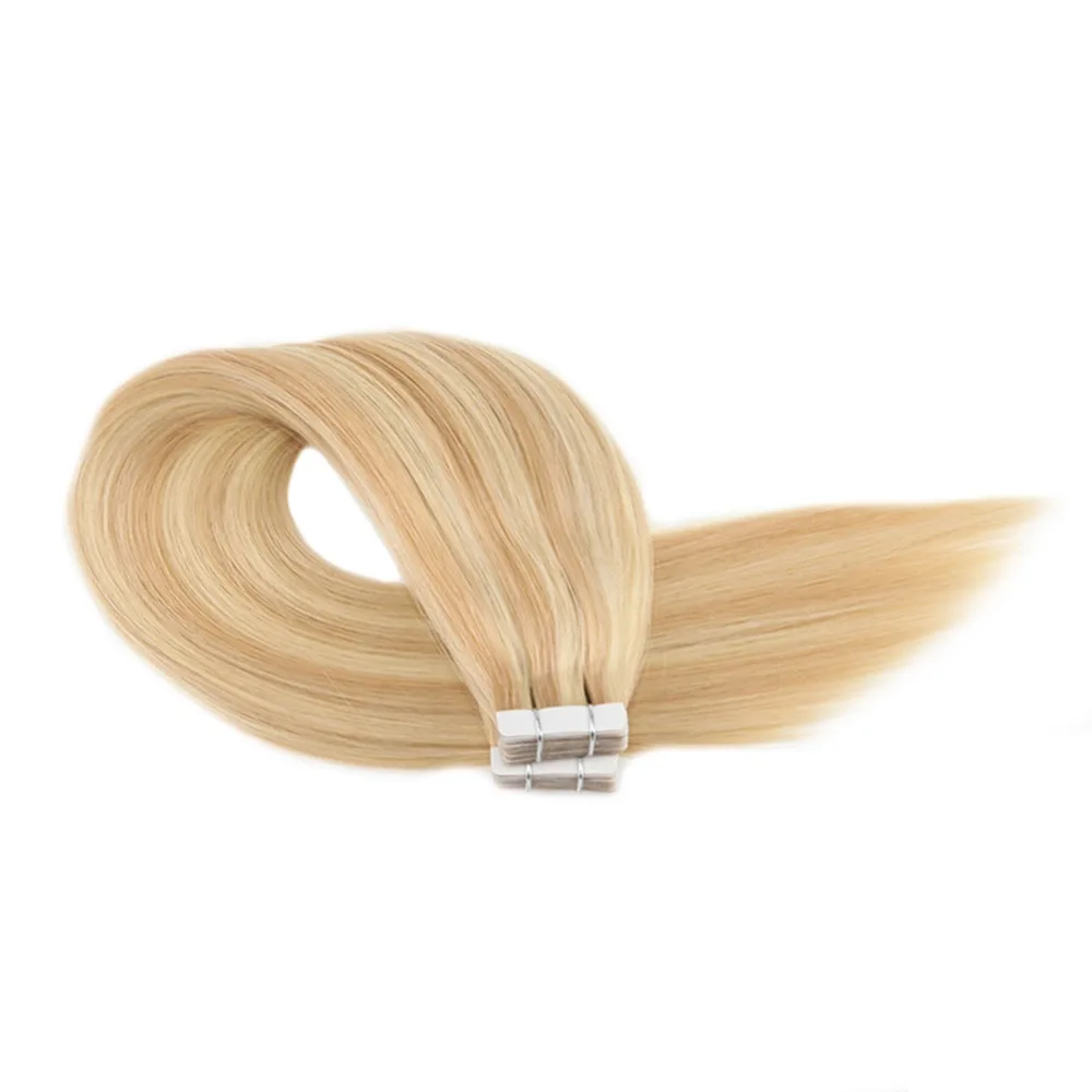 Moresoo Human Hair Extensions Tape in Hair Highlight Color Brazilian Machine Remy Hair Extensions #16 Highlight with Blonde