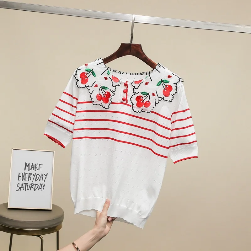 

2019 Summer embroidered Cherry T shirts Fashion women's sweet Tees Chic peter pant collar knitting Tops Tee A320