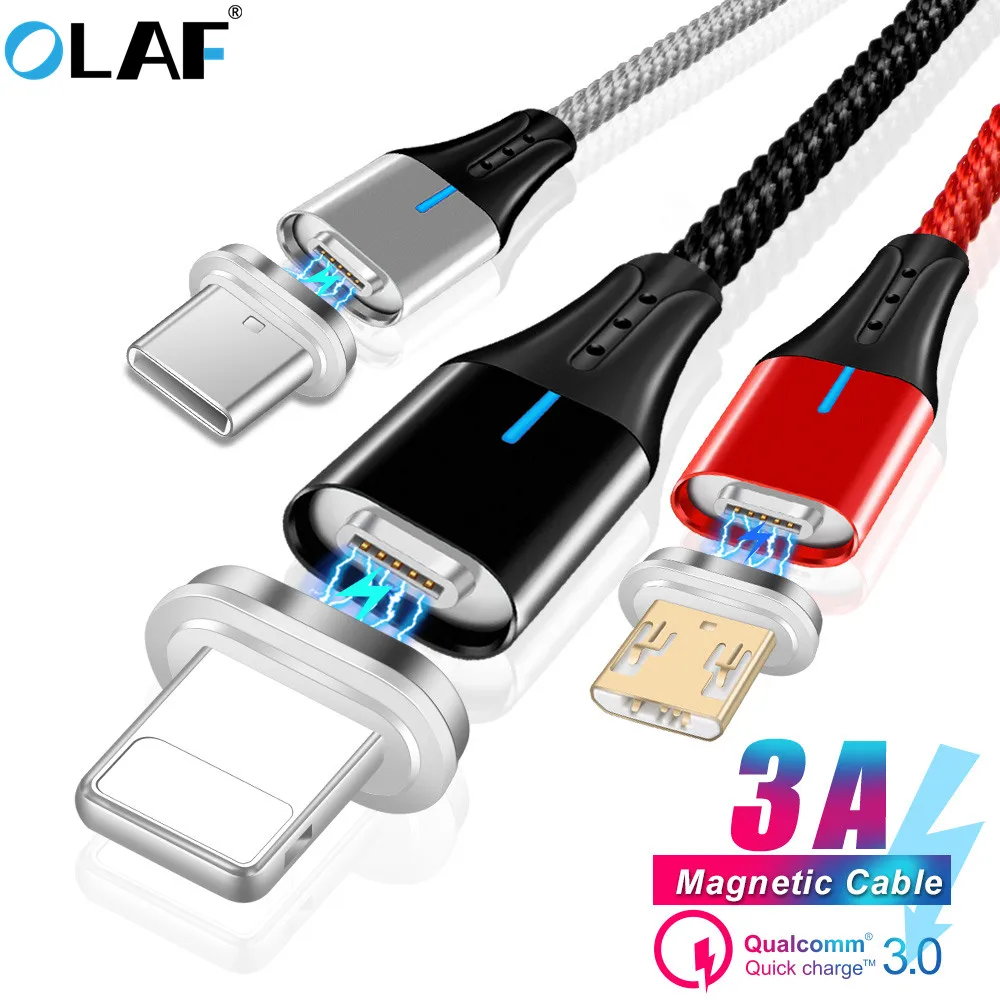 

OLAF Fast charge 3.0 Magnetic Double-Side LED Micro USB Type C Cable For Samsung S8 S9 Plus Charger cord for Iphone X XR XS Max