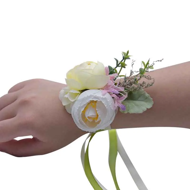 Hand Wrist Corsage Bracelet Artificial Silk Rose Flowers Wedding