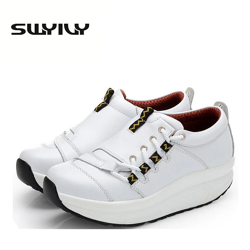 5.5CM Thick Soles Women Toning Shoes Spring Autumn Wedge Platform Loss Weight Slimming Sneakers Leather Lacing Swing Shoes