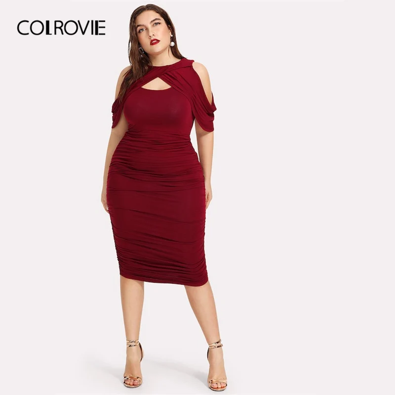 

COLROVIE Plus Size Black Draped Cold Shoulder Ruched Wrap Party Dress Women 2019 Spring Burgundy Bodycon Ladies Midi Sexy Dress