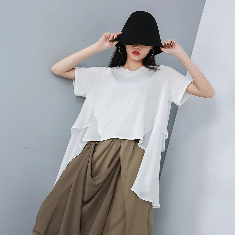 

Johnature Irregular patchwork Chiffon women Tops 2019 Summer Solid Color New O-neck Short Sleeve Long Large Size T-shirts
