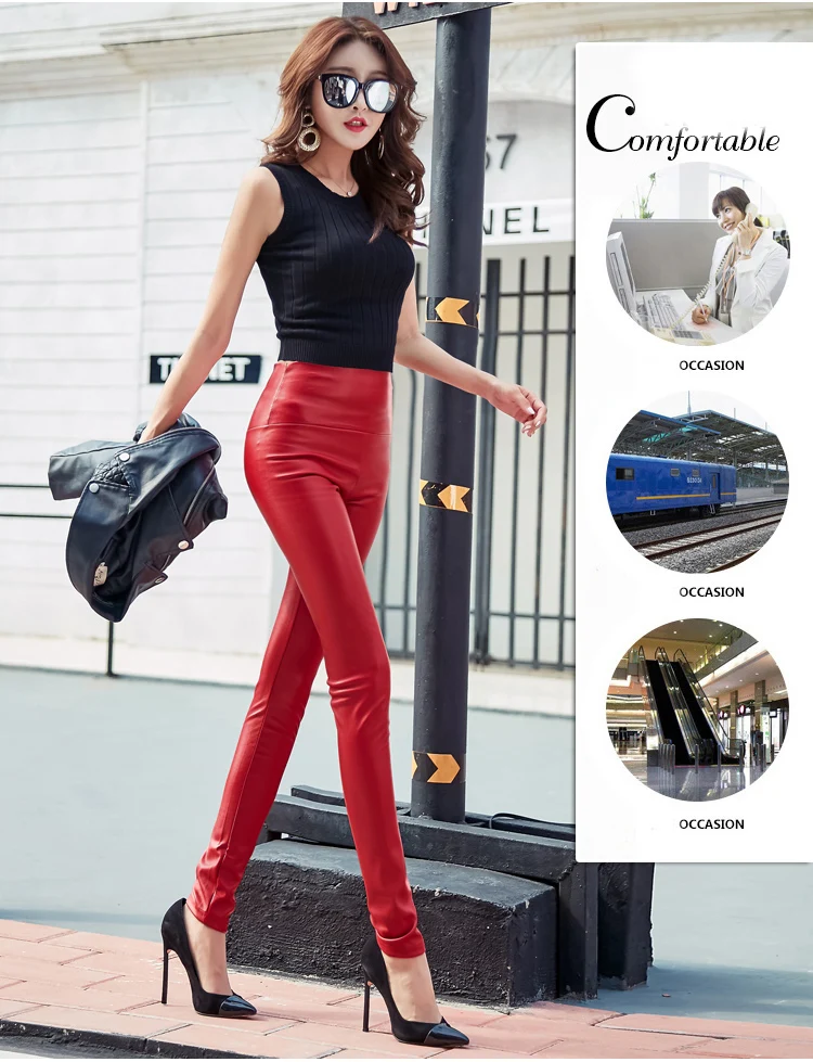 Autumn and winter large size with fleece PU color imitation leather leggings high waist tight leather trousers for women slim (3)