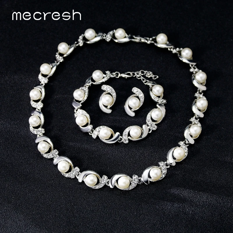 

Mecresh Elegant Simulated Pearl Bridal Jewelry Sets for Women Silver Color Pod Wedding Necklace Stud Earrings Bracelet Set TL577