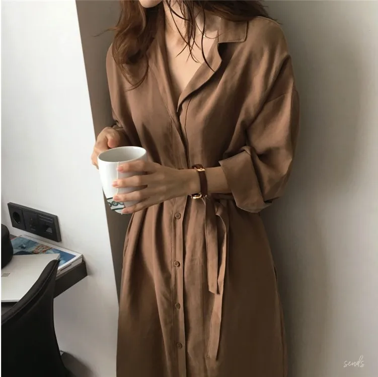 

Mr.nut2019 spring new loose thin solid color lapel over the knee-proof windbreaker jacket female wild long cardigan windbreaker