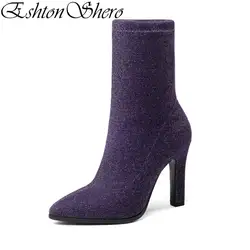 EshtonShero Для женщин обувь до середины икры носок ботинки Тонкий Высокий каблук из PU искусственной кожи осень/зима на шнуровке женские
