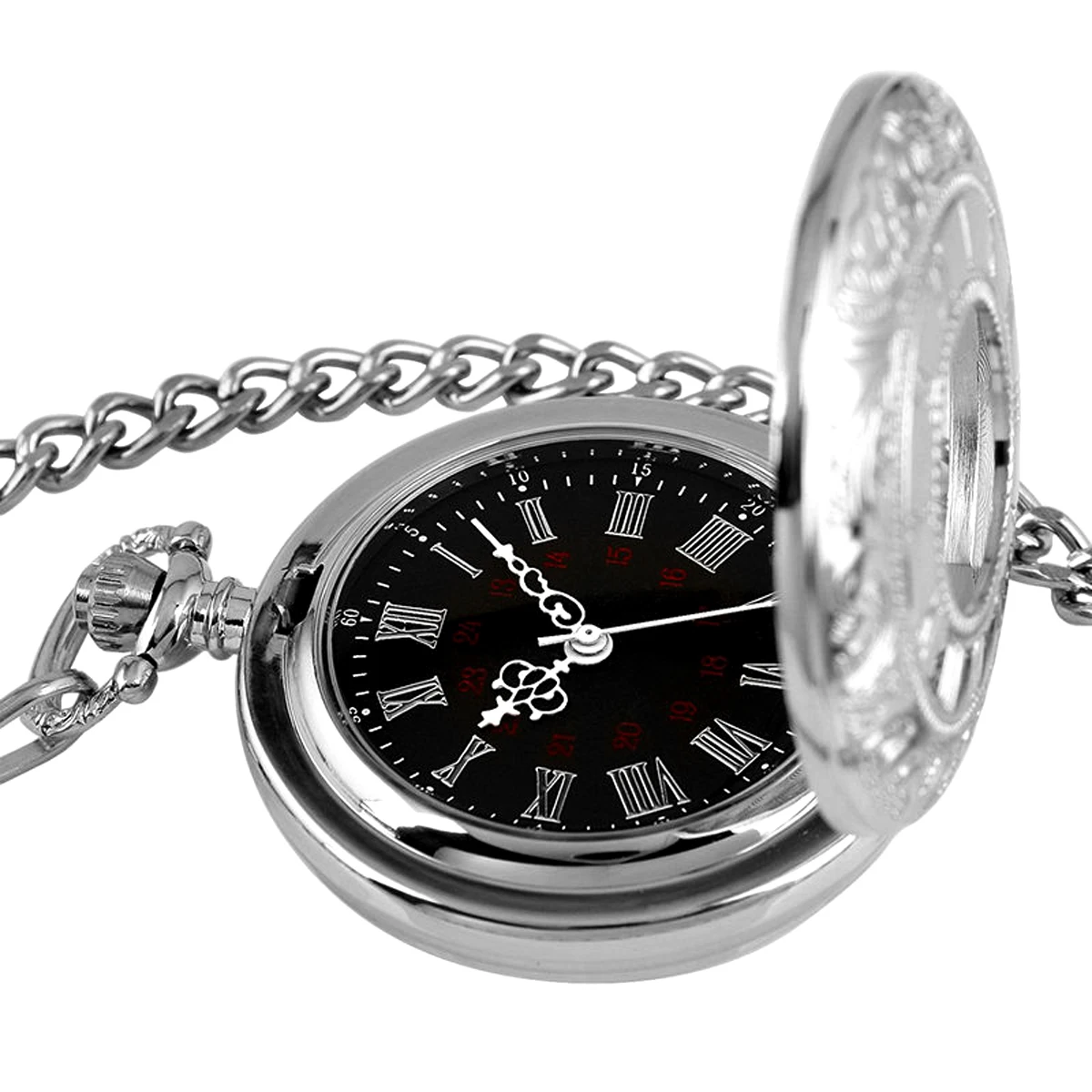 Shellhard New Arrival Vintage Hollow Silver Pendant Fob Pocket Watch Roman Numerals Black Dial Quartz Pocket Watch For Men Women