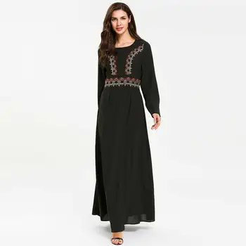 

2019 Autumn Women Muslim Dress Plus Size Embroidery Vintage Party Islamic Kaftan Dubai Ramadan UAE Arabic Fashion Abaya VKDR3004