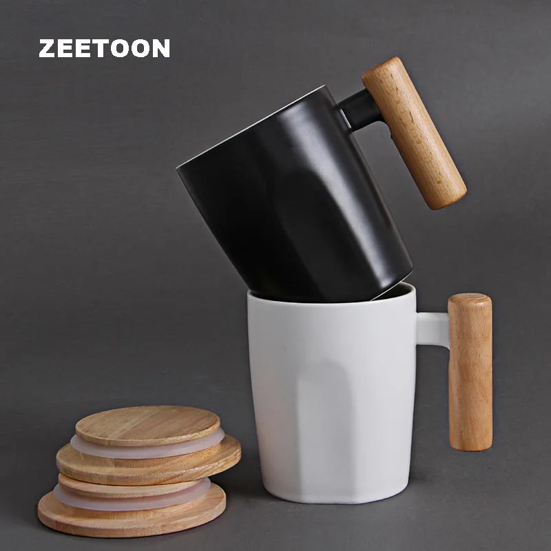 350ml Creative Wood Handle Ceramic Mug White/black Drinkware / Breakfast Milk Coffee Mugs Juice Water Cup with Lid Decor Crafts | Дом и сад