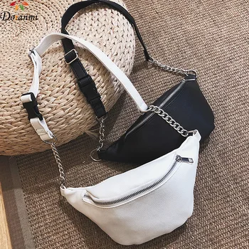 

DORANMI Solid Leather Fanny Packs Women's Waist Pack Bag 2018 Hot Female Crossbody Belt Bag Chain Packs CBB003