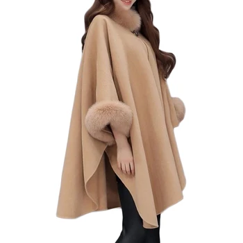 

2018 Spring fashion poncho outwear fox fur collar long section wool coat, coat elegant cloak shawl jacket female christmas gift