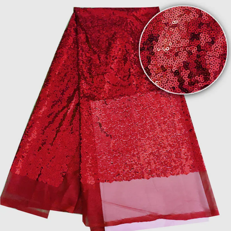 

high quality French sequence sequins net lace,African velvet tulle mesh sequence lace fabric for party dress 5yards/lot Red