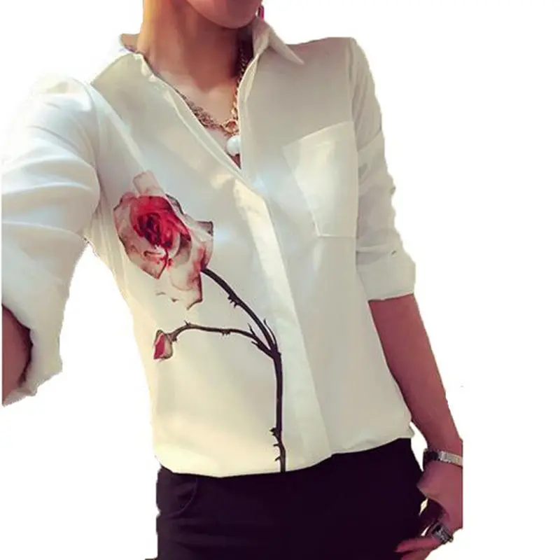 Big Size Long Sleeve Blouse Shirt Women Printed Chiffon