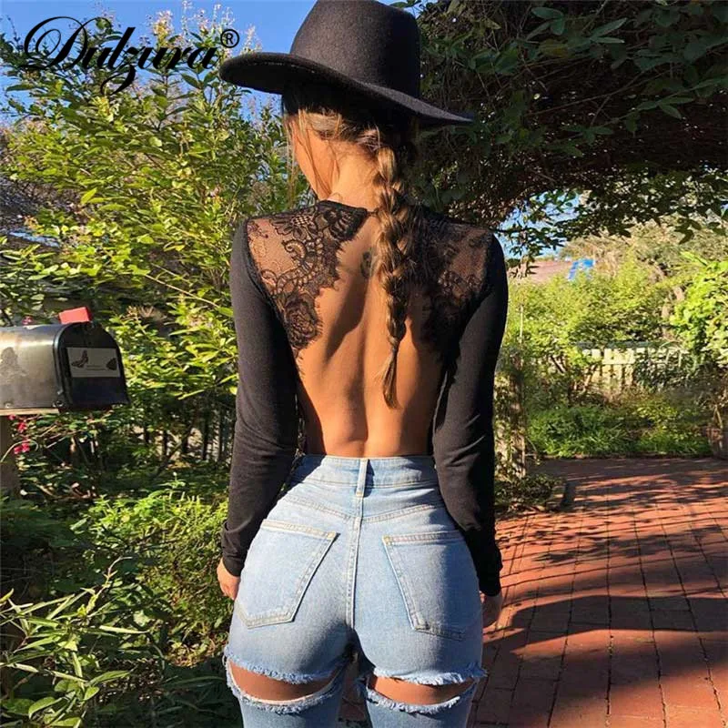 

Dulzura women lace bodysuit backless black bodycon long sleeve 2018 winter sexy streetwear one piece rompers combinaison femme