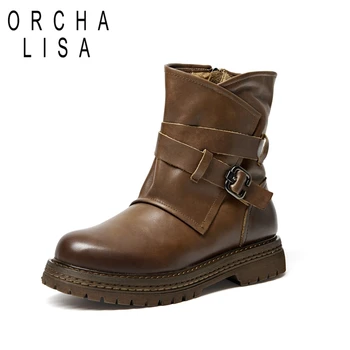 

ORCHA LISA Genuine Leather Western boots Women Motorcycle boots riding Ankle Boots Zipper Shoes Ladies cow leather retro Shoes