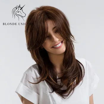 

BLONDE UNICORN 20 Inch Long Wavy Hair Wig with Bangs Light Brown Highlights 30% Human Hair Natural Wave Full Wig with Free Gift