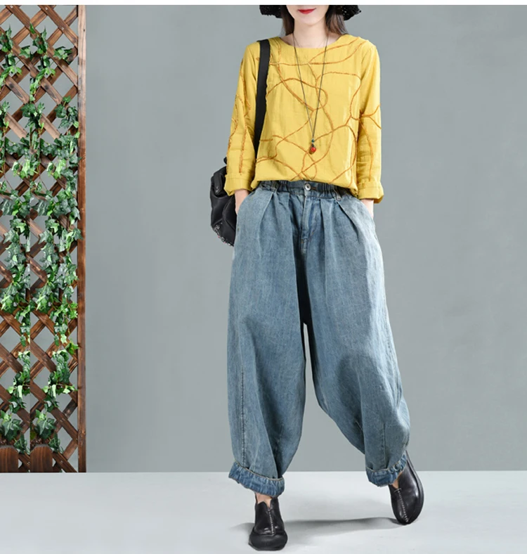 2019 New Women Loose Jeans Casual Denim Harem Pants Plus Size Elastic Waist Washed Jeans Trousers 0