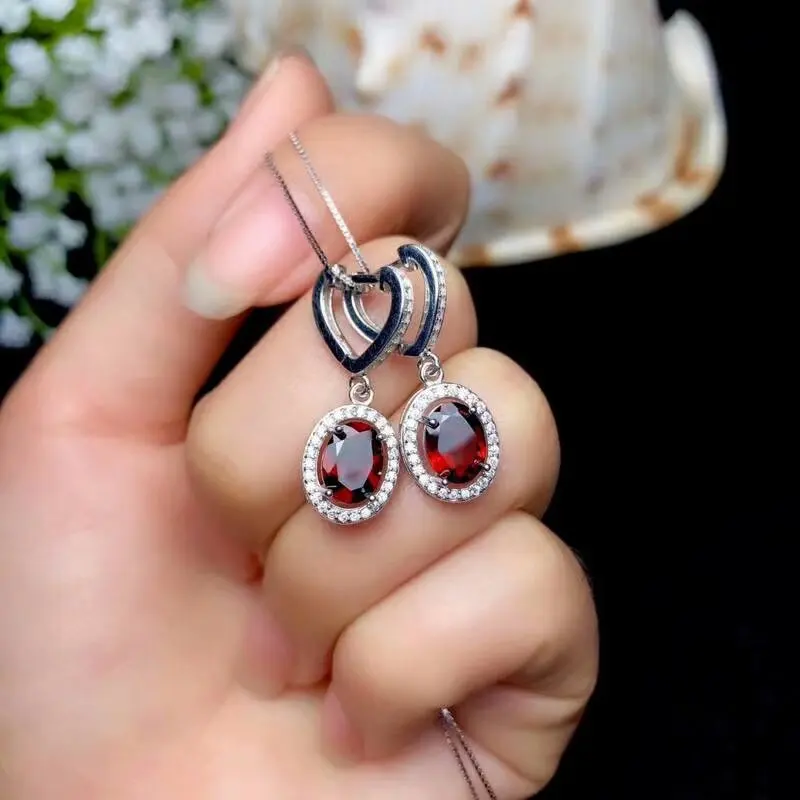 

SHILOVEM 925 sterling silver Natural garnet Drop earrings fine Jewelry women wedding women new Christmas gift 6*8mm be0608089ags
