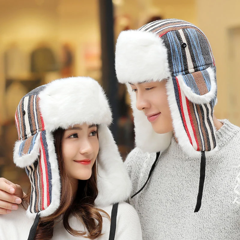 HT1383 Men Women Winter Hat Striped Thick Russian Fur Hat High Quality