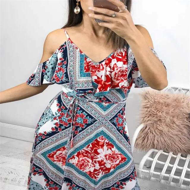 2018 Elegance and simplicity Women Printing Strappy Off Shoulder Sexy V Neck High Waist Boho Long Maxi Dress For Beach Daily 1
