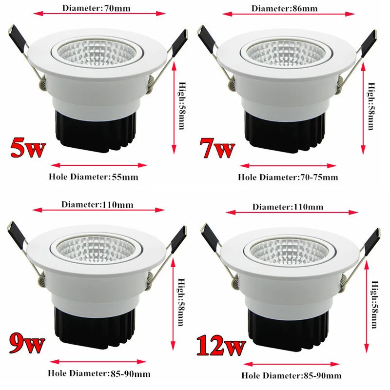Диммируемый светодиодный светильник COB AC110V 220V 5W/7W/9W/12W Встраиваемый точечный