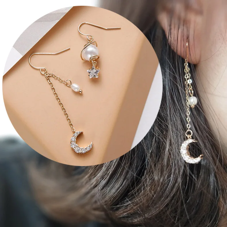 

Freshwater Pearls Shiny Zircon Star Moon Drop Earrings For Women Girl Space Universe Planet Pendientes Asymmetric Jewelry Gifts