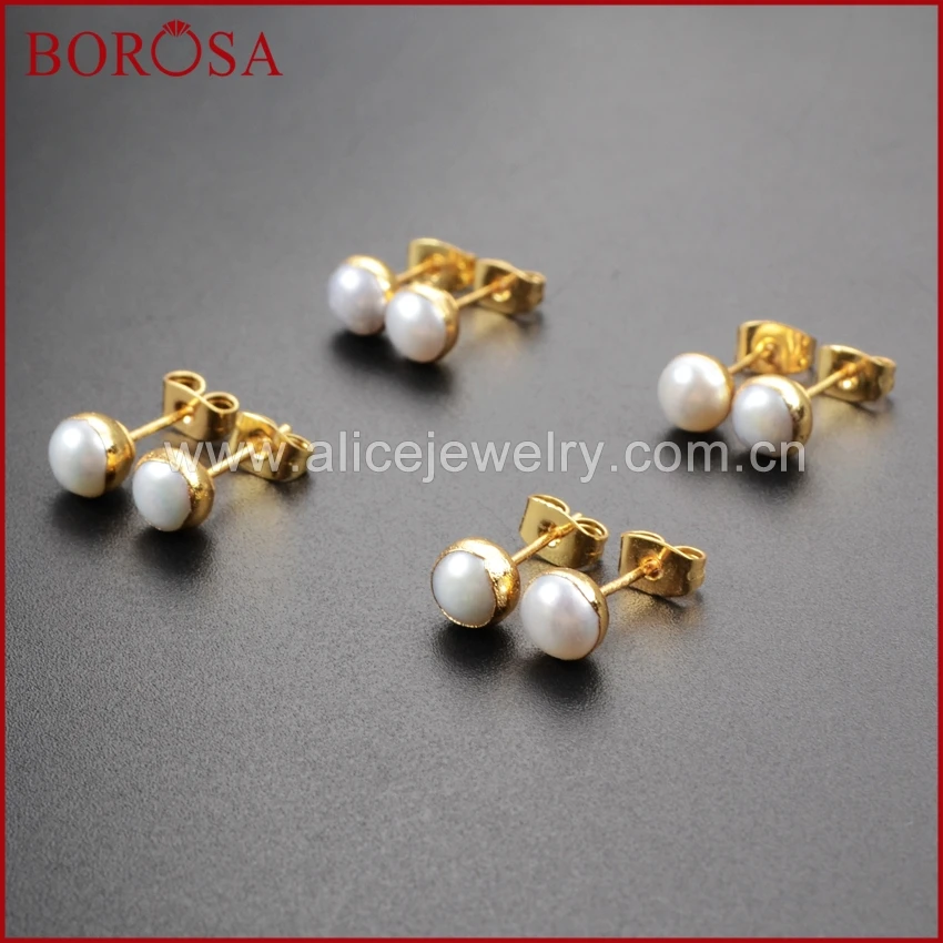 

BOROSA Druzy Jewelry 10 pcs Round Shape Gold Color Natural Natural Freshwater Pearl Stud Earrings G1064 Drusy Free shipping