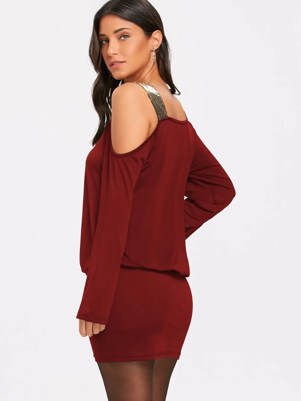 VESTLINDA Long Sleeve Sequins Cold Shoulder Blouson Dress Robe Female Casual Skew Collar Mini Bodycon Dresses Vestidos De Festa 12